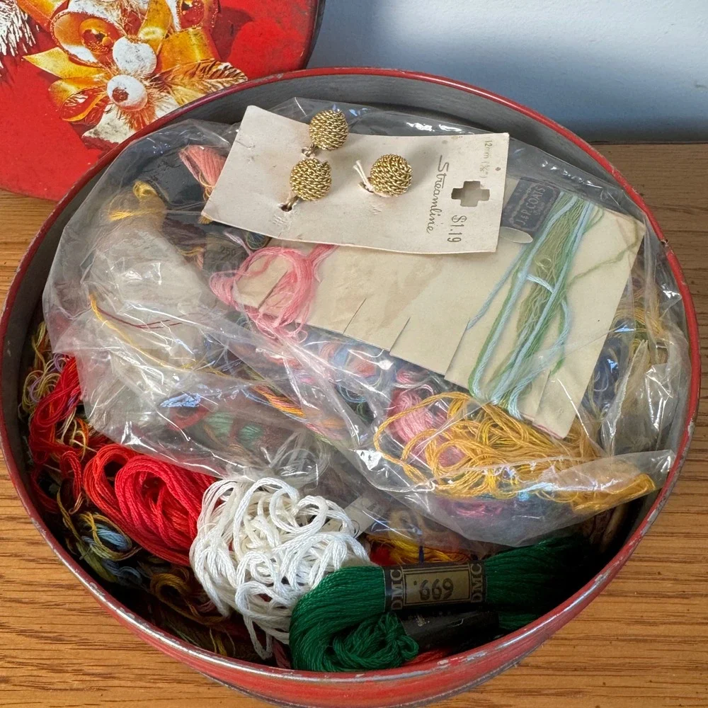 Vintage Christmas Red Tin with Embroidery Floss DMC Thread and Sewing Notions